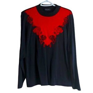 Vintage REGENCY Black & Red Roses Floral Embroidered Crewneck Size Medium
